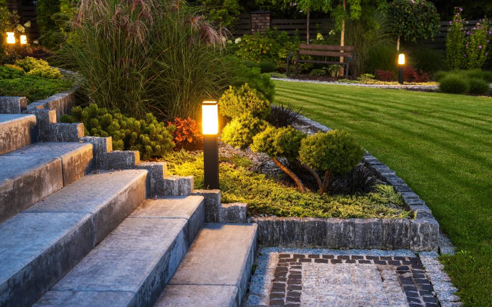 A finished landscape and hardscape area.